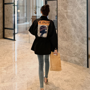 风衣女春季 韩系宽松小个子收腰后背印花中长款 工装 外套 2026新款