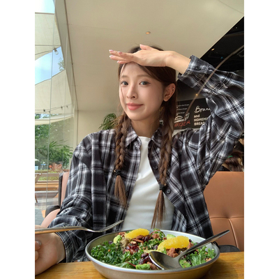 DRIZZLE 黑白格子衬衫女秋季2025新款韩系复古宽松外套长袖衬衣