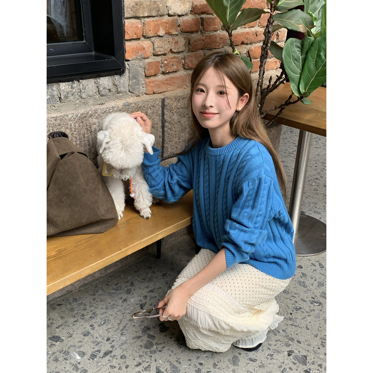 DRIZZLE 蓝色麻花圆领毛衣女春季新款韩系宽松慵懒套头针织衫上衣