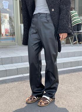 DRIZZLE 黑色皮裤女春秋高腰直筒显瘦pu皮宽松高级感阔腿休闲长裤