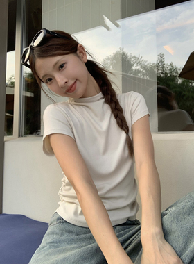 DRIZZLE显瘦气质t恤修身通勤极简半高领抽褶短袖小飞袖上衣女纯色