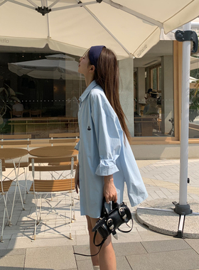 DRIZZLE 蓝色衬衫女早秋新款韩系上衣宽松慵懒风外套纯棉长袖衬衣