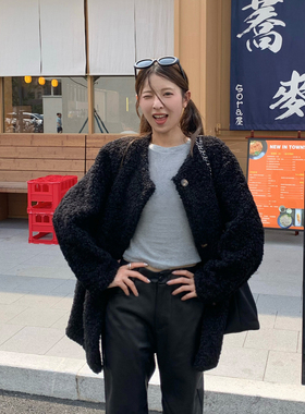 DRIZZLE 黑色羊羔毛外套女秋冬2025新款加厚羊羔绒中长款皮毛一体