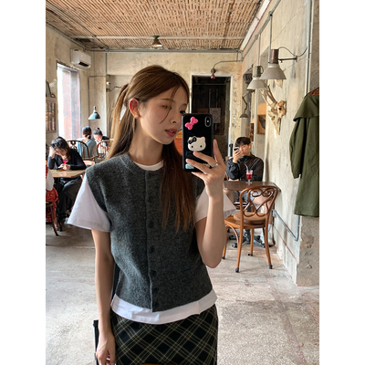 DRIZZLE韩系灰色针织马甲开衫