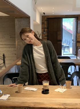 DRIZZLE 深灰色马海毛开衫女秋冬软糯毛衣慵懒水貂毛加厚针织外套