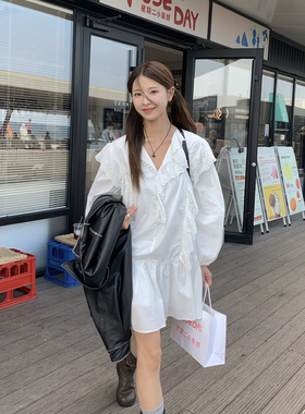 DRIZZLE 法式白色长袖连衣裙女春秋新款衬衫裙复古花边中长款裙子