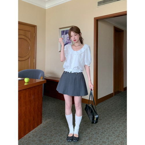 DRIZZLE灰色高腰百褶裙半身裙女