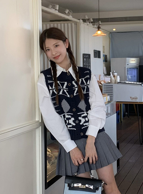 DRIZZLE 复古几何纹针织马甲女春秋新款上衣羊毛开衫韩系叠穿背心