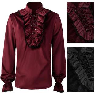 褶皱绒面衬衫中世纪服装蒸汽朋克维多利亚cos上衣抽绳骑士内搭男