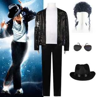 迈克尔杰克逊演出服模仿装舞台亮片儿童成人MJ表演服套装黑色亮片