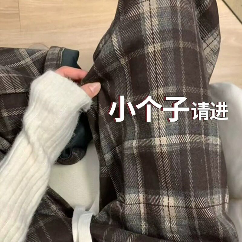 格子休闲阔腿裤女秋冬小个子14休闲裤