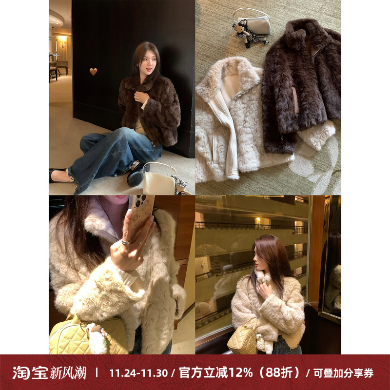 环保小湖羊外套女时髦麂皮拼接