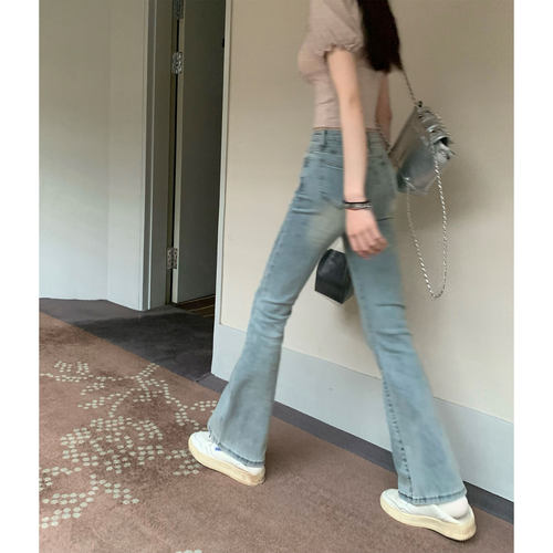 Cactishop【5折清仓】大长腿复古蓝色长裤高腰显瘦修身牛仔裤女