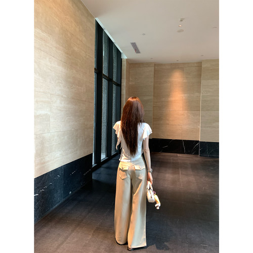 卡其杏双口袋休闲阔腿裤女垂感