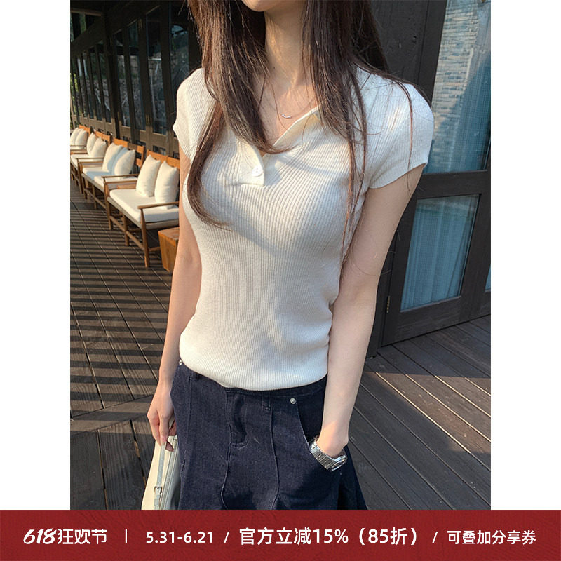 Cactishop小白花简约polo领纽扣修身短袖针织衫女正肩薄款上衣