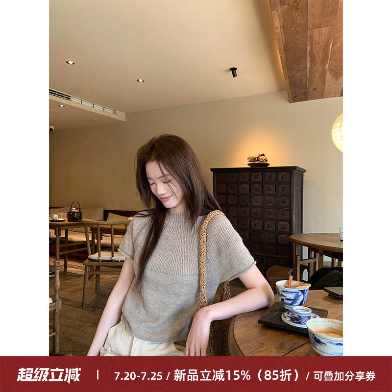Cactishop温柔少女 半高领立领卷边短袖针织衫女温柔气质软糯上衣