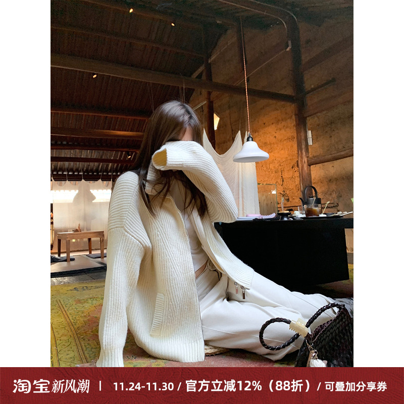 慵懒风软糯拉链宽松毛衣针织开衫