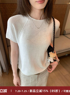 韩系亚麻插肩袖卷边短袖女简约
