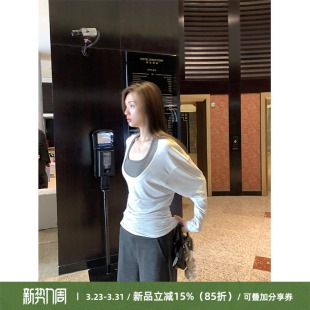 两件套女 罩衫 Cactishop别出心裁 撞色层次感带胸垫背心收腰长袖