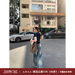 Cactishop舒适入夏 复古水洗竹节纹设计牛仔裤女宽松直筒阔腿裤