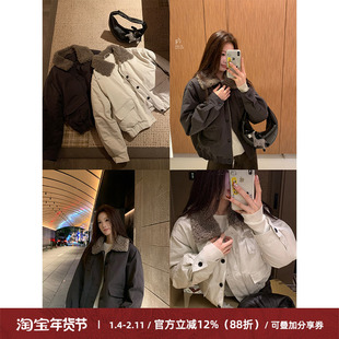 Cactishop小暖炉 巴恩风羊羔毛翻领羽绒服女休闲保暖工装夹克外套