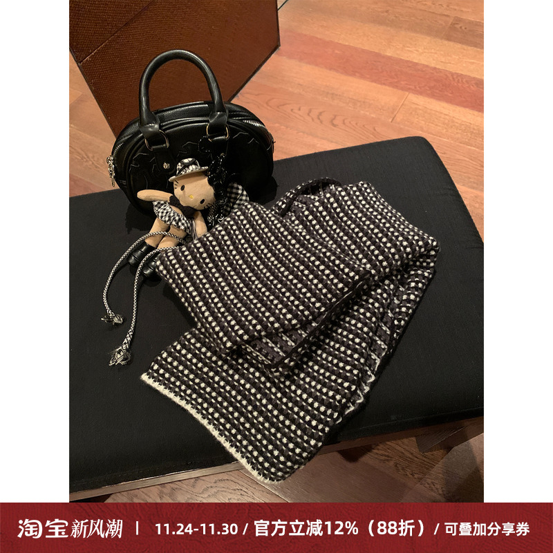 韩系高品质黑白针织小围巾女双面