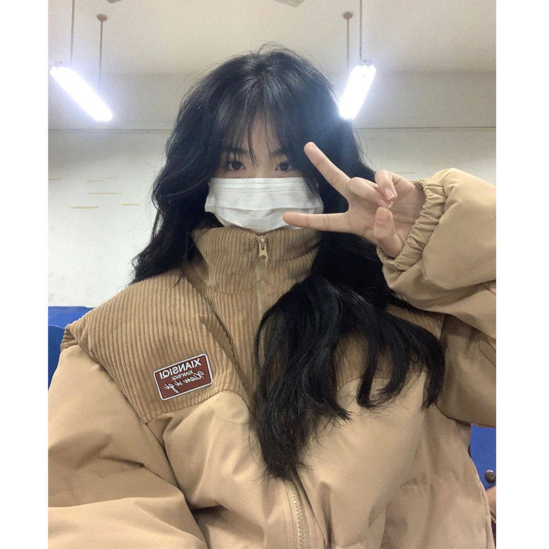 港风灯芯绒拼接撞色加厚保暖立领棉服外套女宽松小个子面包服棉袄