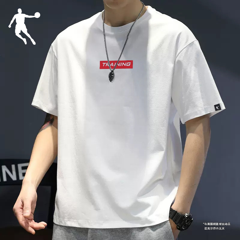 乔丹短袖T恤男士纯棉半袖2026春夏季新款宽松白色圆领运动体恤衫