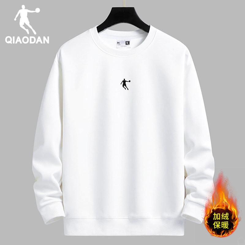 乔丹加绒卫衣男士冬季长袖2026新款休闲运动服白色上衣圆领套头衫