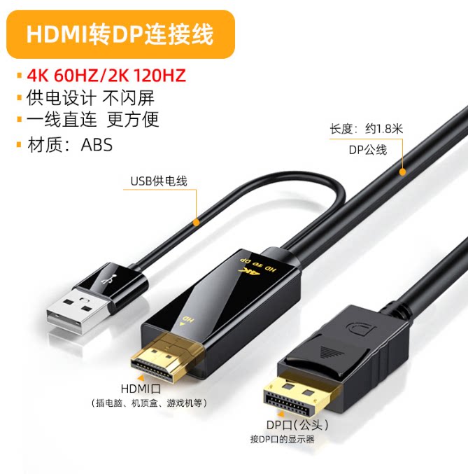 HDMI转DP适用于戴尔联想惠普主机HDMI接显示器DP线笔记本接显示屏