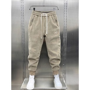 新款灯芯绒加绒加厚休闲裤子男士春秋季宽松束脚时尚条绒运动卫裤
