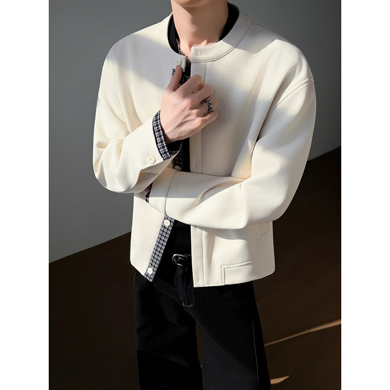 模特图~春季重磅华夫格圆领拼色夹克外套YJ6014/P105，男装夹克，电商B331