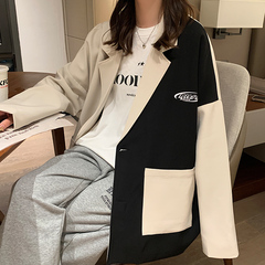 Women's autumn coat loose stitching black and white printing casual suit