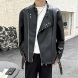 模特图~秋季立领斜拉链设计PU皮夹克外套K8819/P128，男装夹克，电商B331