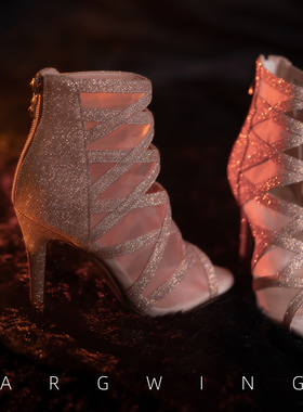 香槟金网纱细闪鱼嘴凉靴镂空细跟短靴heels舞鞋爵士舞杏色高跟鞋