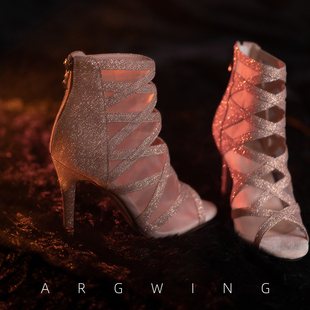 香槟金网纱细闪鱼嘴凉靴镂空细跟短靴heels舞鞋爵士舞杏色高跟鞋