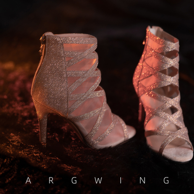 香槟金网纱细闪鱼嘴凉靴镂空细跟短靴heels舞鞋爵士舞杏色高跟鞋