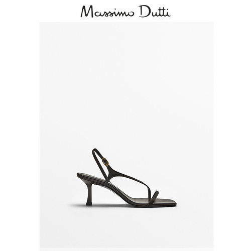 Massimo Dutti女鞋2026夏新款黑色交叉一字带高跟鞋细跟真皮凉鞋