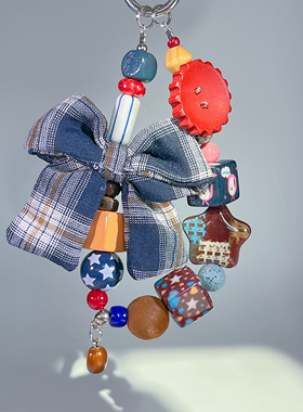 秋冬格纹蝴蝶结手工自制手机链布艺串珠原创包挂可爱女钥匙扣