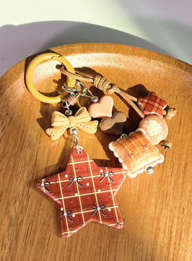 秋冬棕色系格纹手机链条五角星蝴蝶结ccd挂件钥匙扣挂件手机挂件