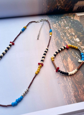 复古彩色串珠项链民族风个性贝壳天然石女小红书短项链秋冬撞色