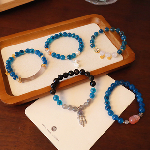 批发天然蓝糖心玛瑙手链半镯手串原创手饰品文创新款黑曜石饰品