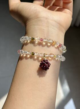 流霞染紫天然碧玺白水晶双圈手串