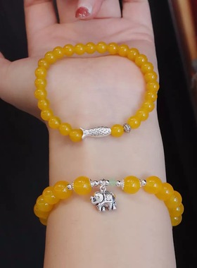 原创黄色玛瑙单圈手串黄玉髓配饰复古风文艺款锦鲤吉象吊牌新款