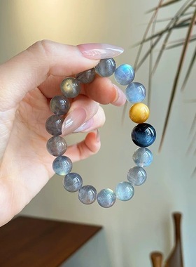 天然灰月光石手串女蓝金虎眼石手链原创设计款多宝水晶感轻奢