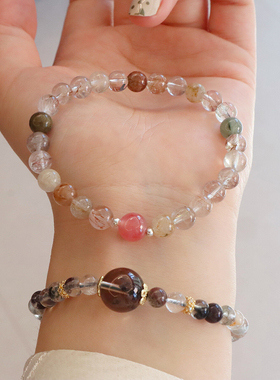 925纯银天然彩发晶盐源珠手链女小清新天然水晶弹力绳串珠手饰