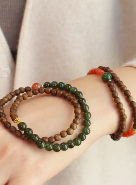 天然沉香木碧玉南红手链双圈转运珠新中式风格文创寺院新爆款