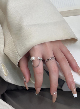 银瑞泰s925纯银韩国东大门珍珠链条戒指小众设计百搭爱心开口指环