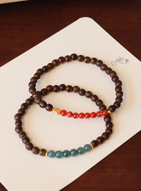 正品天然沉香手串木质佛珠单圈手链男女南红翡翠串珠S925银配件