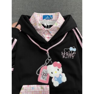 美式甜酷风连帽卫衣Kitty猫挂饰刺绣polo领假两件翻领秋宽松外套